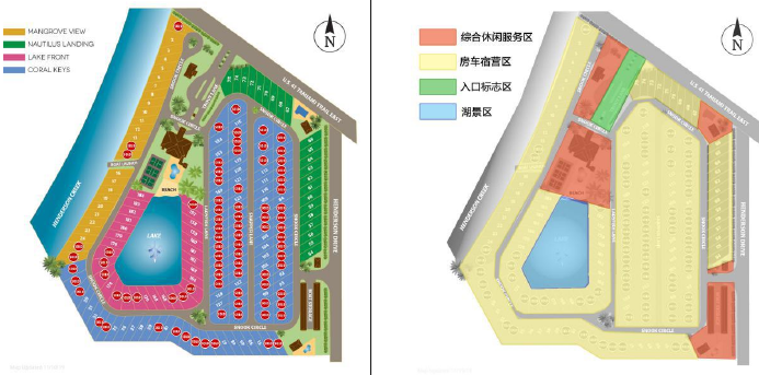 美国 MOTORCOACH RESORT 营地总体规划(左)及功能分区图(右)