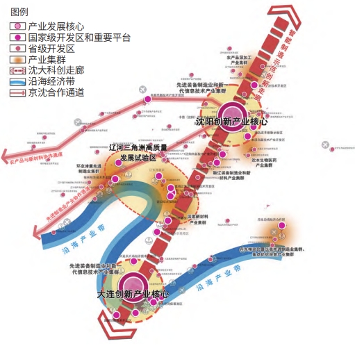 辽宁省“两核两区、双轴多廊”的产业空间总体格局示意图