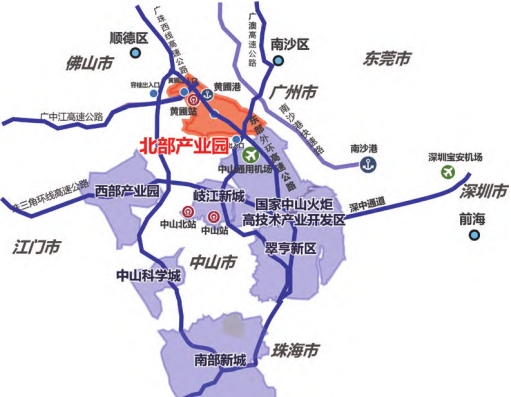 中山北部产业园在珠江西岸及中山产业平台格局中的区位图