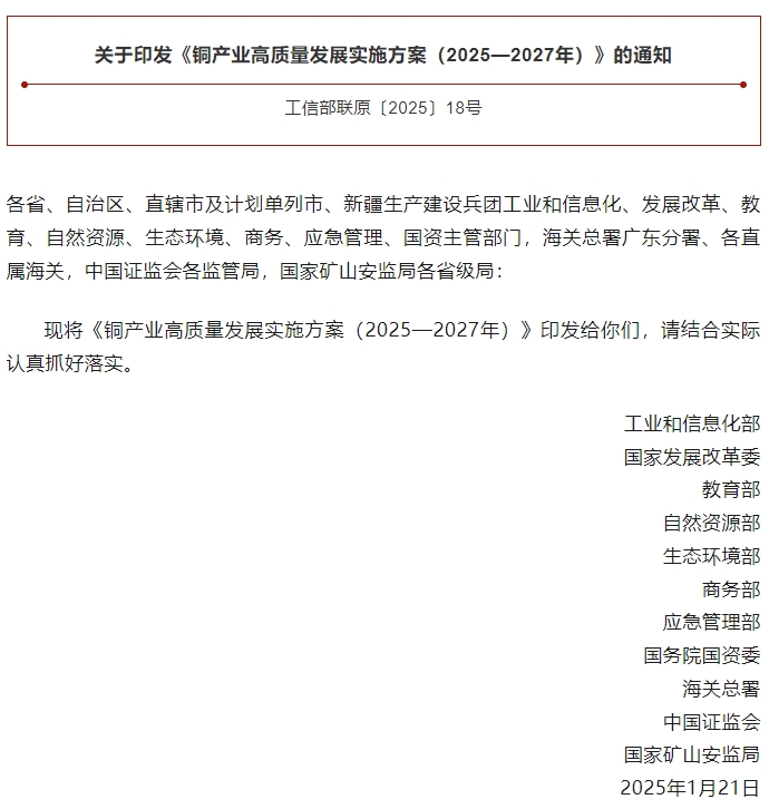 工信部等11部门联合印发《铜产业高质量发展实施方案（2025—2027年）》